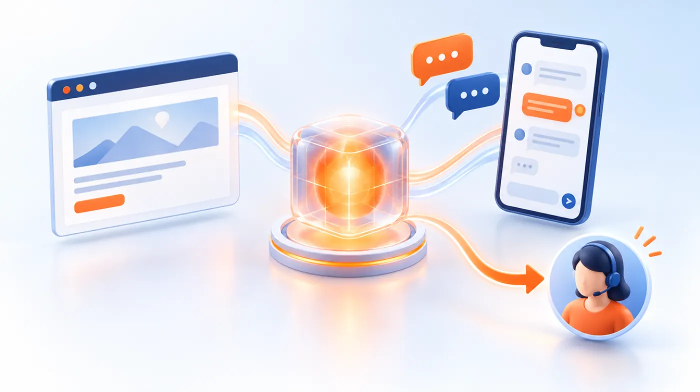 Ilustrasi asisten AI yang menghubungkan chat website dan WhatsApp dengan admin manusia