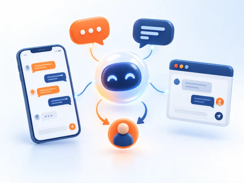 Ilustrasi 3D inti AI yang terhubung ke gelembung chat