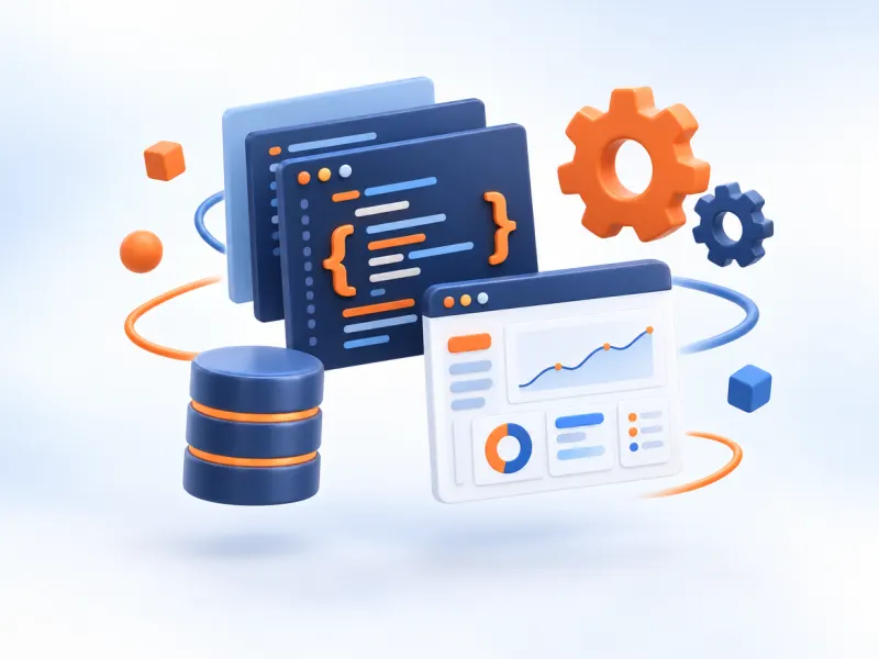 3D illustration of code panels and a dashboard