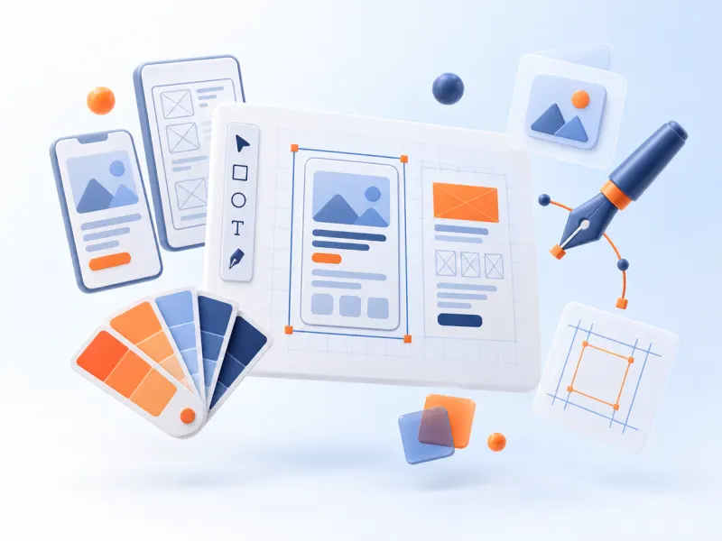 3D illustration of a design canvas with wireframes and colour swatches
