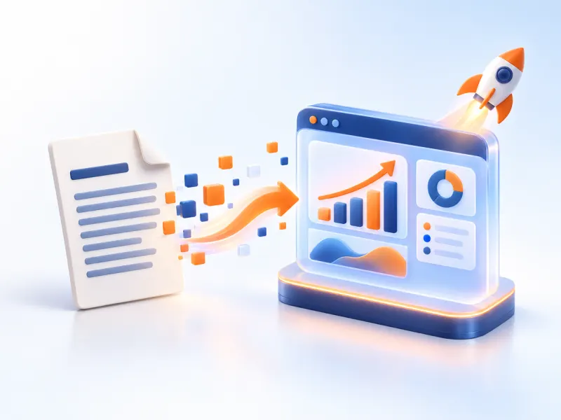 3D illustration of a paper document turning into a digital dashboard