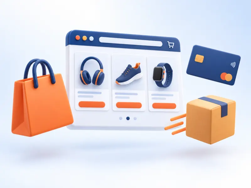 3D illustration of an online store with a shopping bag and payment card