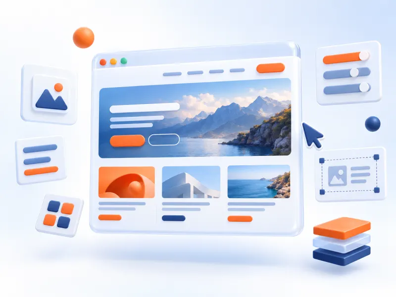 3D illustration of a website layout in a browser window