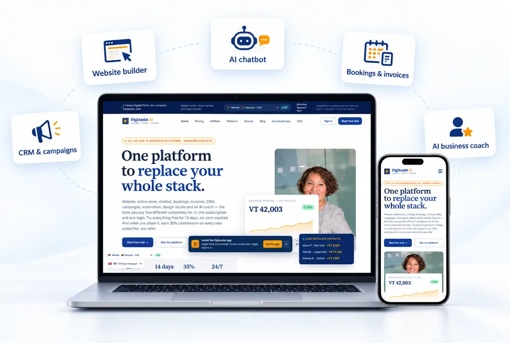 DigiAssist AI: All-in-one business platform — Website & online store, AI chatbot, Bookings & invoices