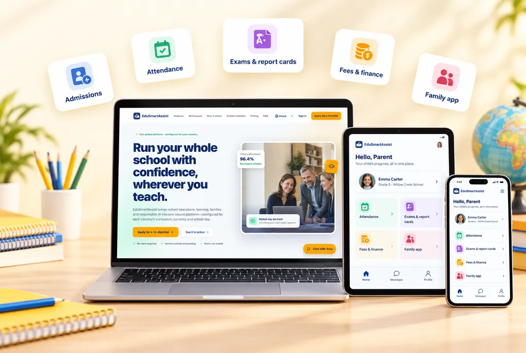 EduSmartAssist: School management platform — Admissions & enrolment, Attendance & timetables, Exams & report cards