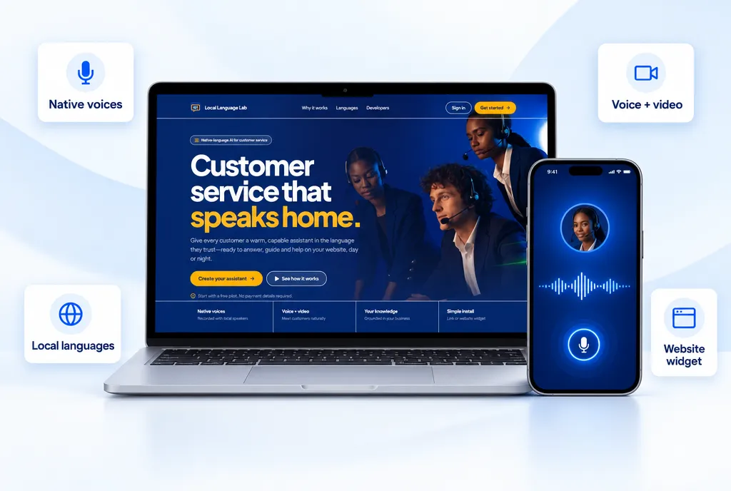 Local Language Lab: Native-language AI customer service — Voices from native speakers, Voice + video assistant, Answers from your business info