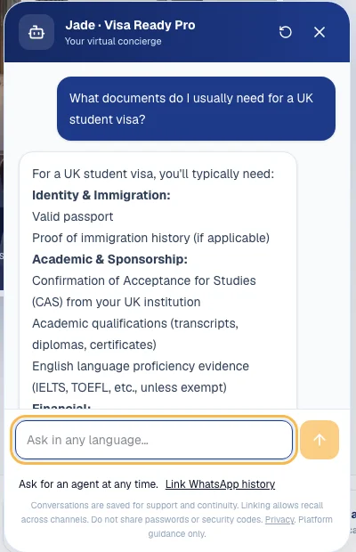 VisaReadyPro's assistant answering: what documents do I usually need for a UK student visa?