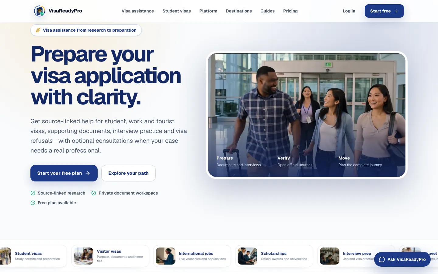 VisaReadyPro: AI visa assistant — Web chat + WhatsApp assistant, Document checklists, Interview practice